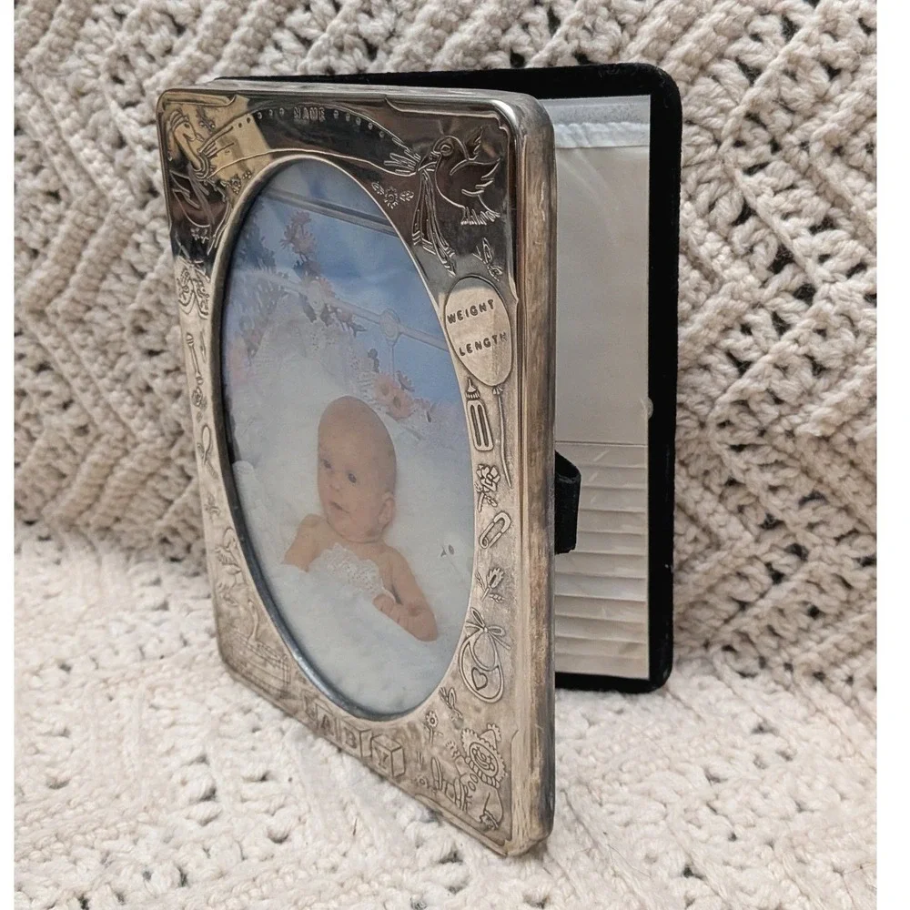 Vintage Silver Tone Baby Photo Album Frame Embossed Nursery Stork 6x8